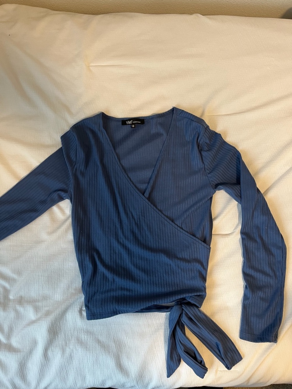YMI Navy Ribbed Wrap Tie Long Sleeve Top